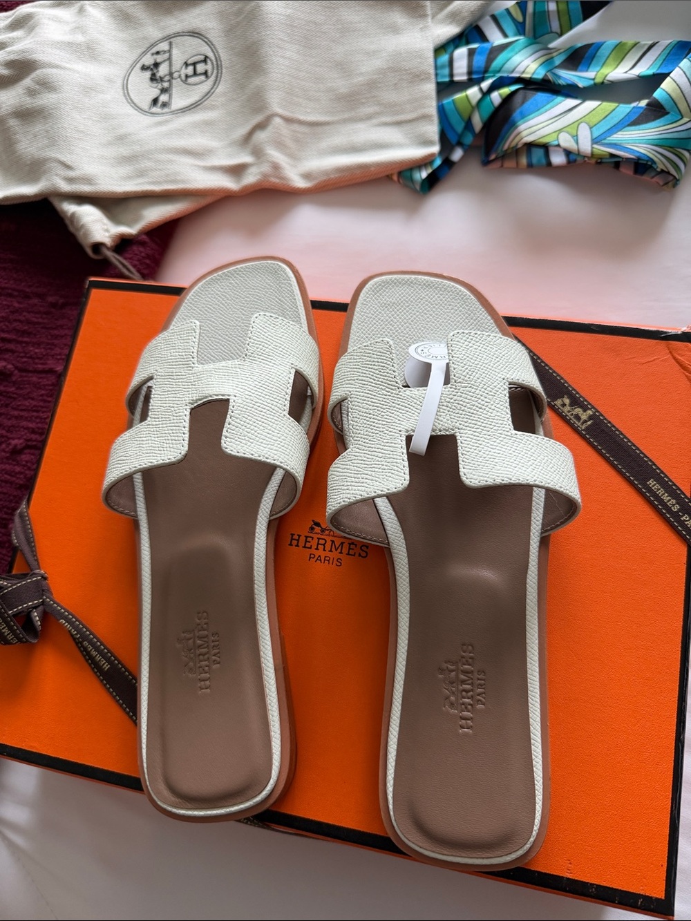 Hermes White Oran Leather Slide Sandals